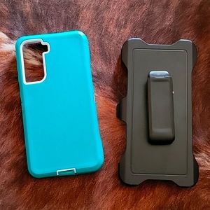 Teal/White Phone Case for Samsung Galaxy S21 FE and belt clip holder